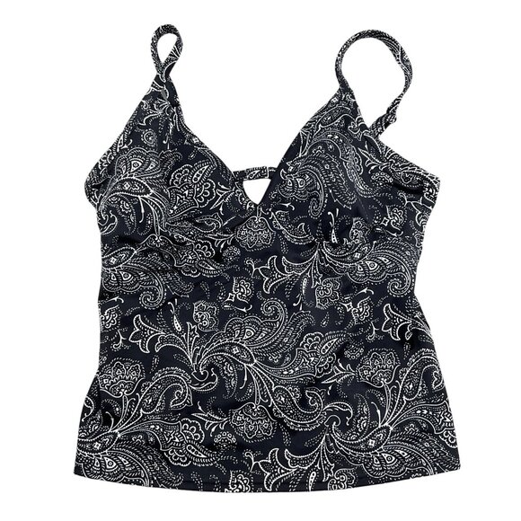 Lands End Tankini Top Women 12B Black White‎ Paisley Underwire Bra Plunge Swim - Picture 1 of 6